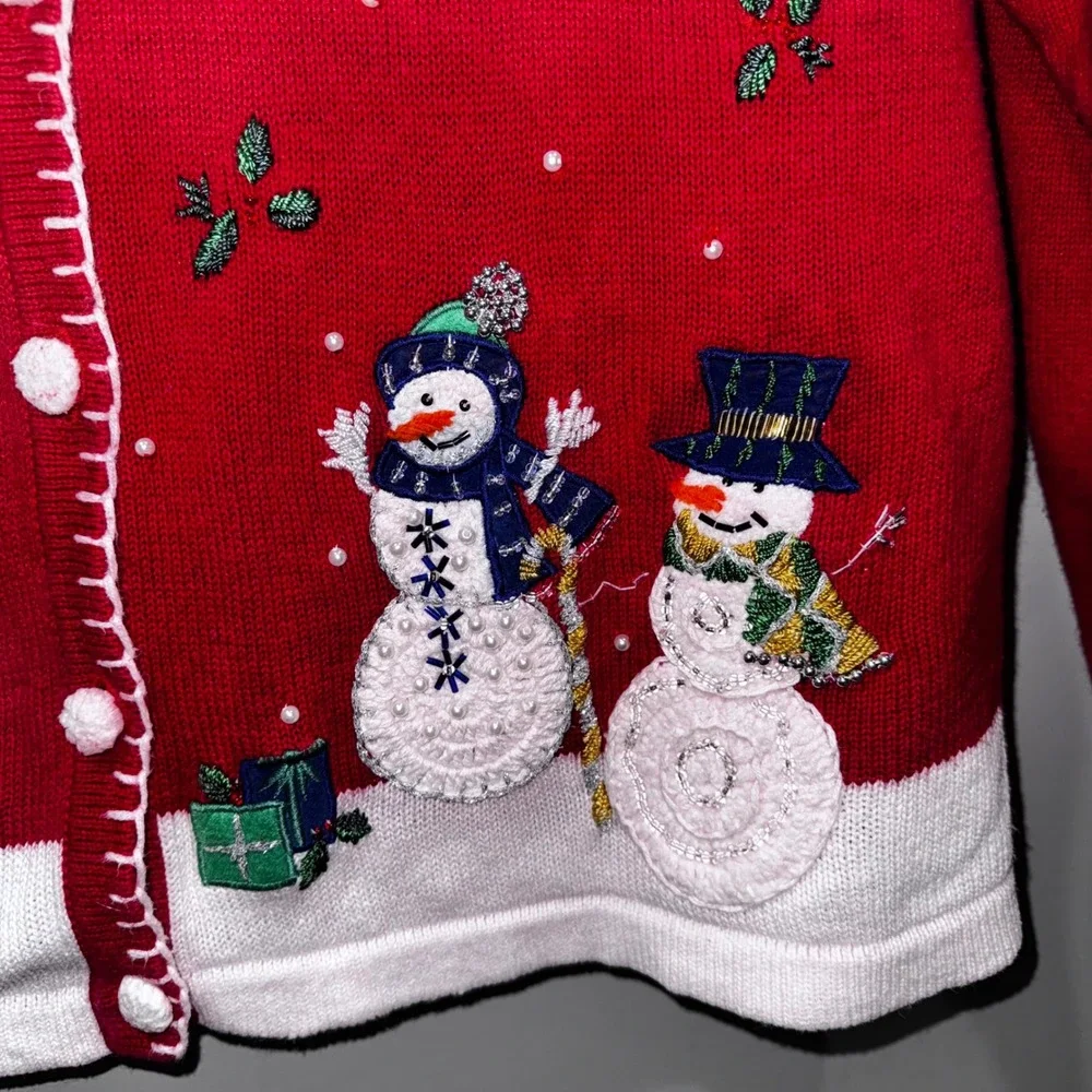 Vintage‎ B.P. Design Womens Red Snowman Snowflake Christmas Cardigan Sweater  L - Picture 5 of 12